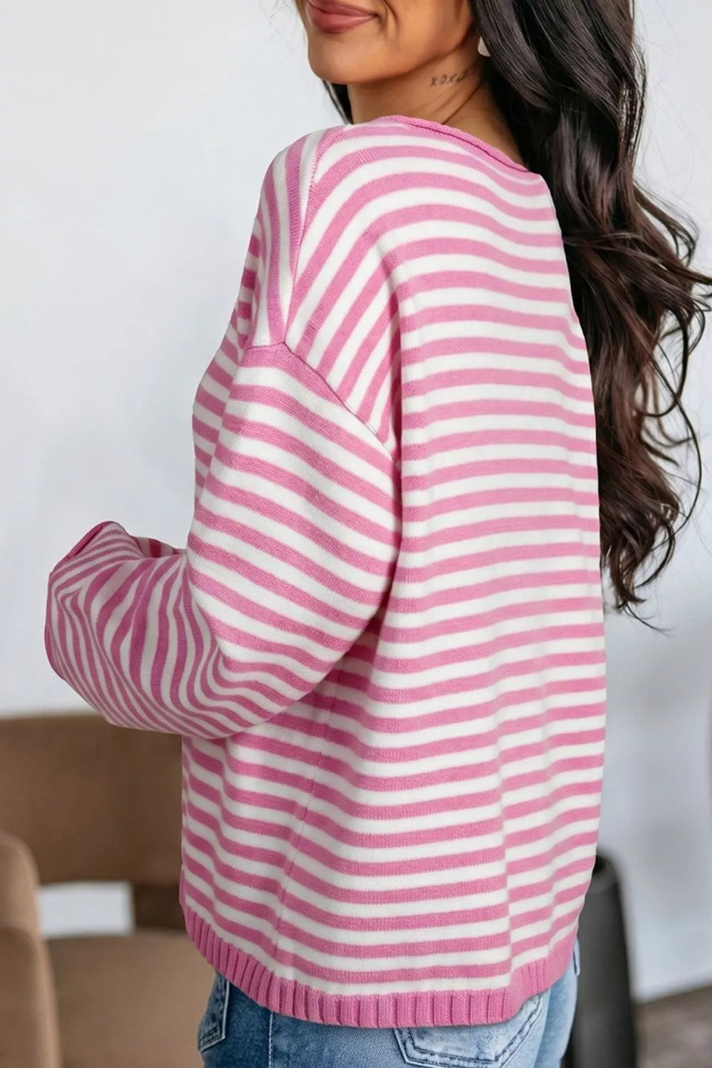 Striped drop shoulder henley sweater with button placket
