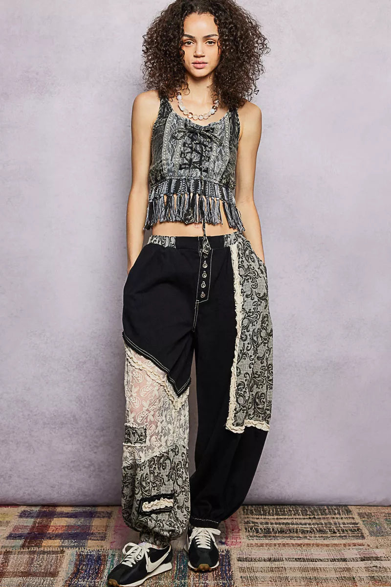 Lace-up fringe hem crop tank with lace detail