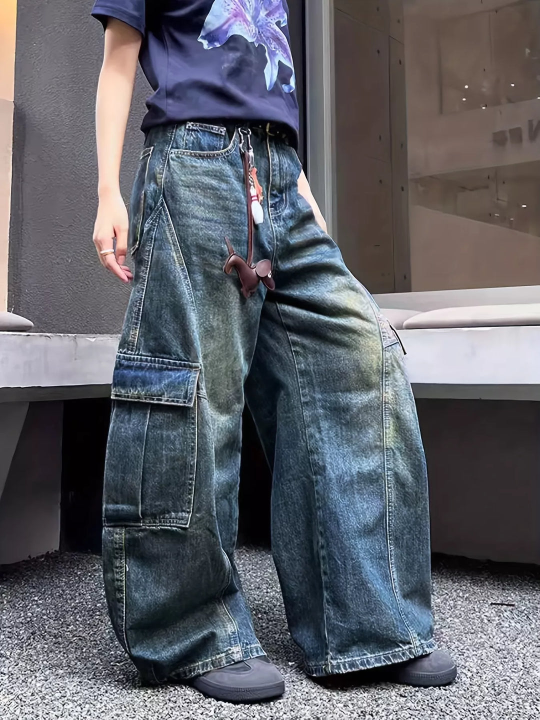 Distressed vintage wash wide leg cargo jeans
