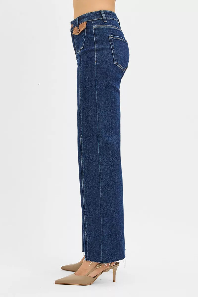 High-rise wide flare jeans with leather pocket flaps