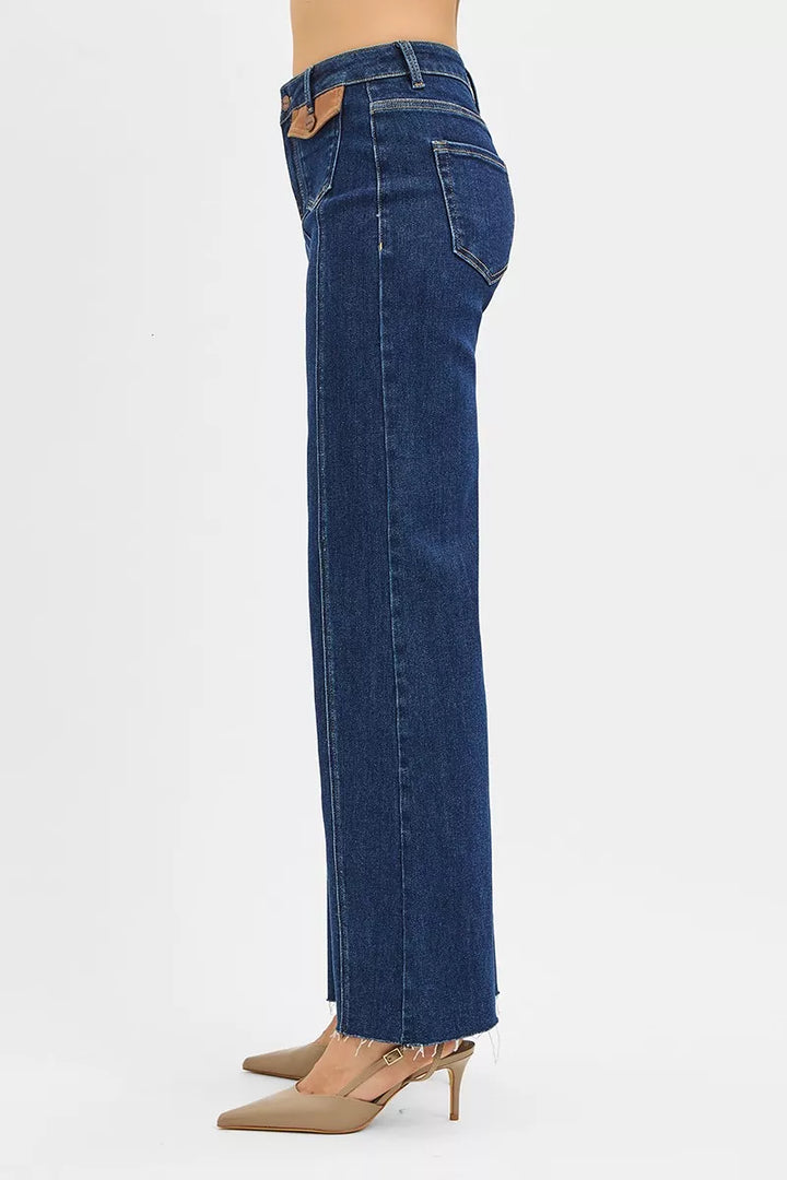 High-rise wide flare jeans with leather pocket flaps