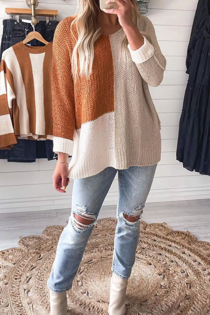 Color block ribbed knit v-neck loose sweater