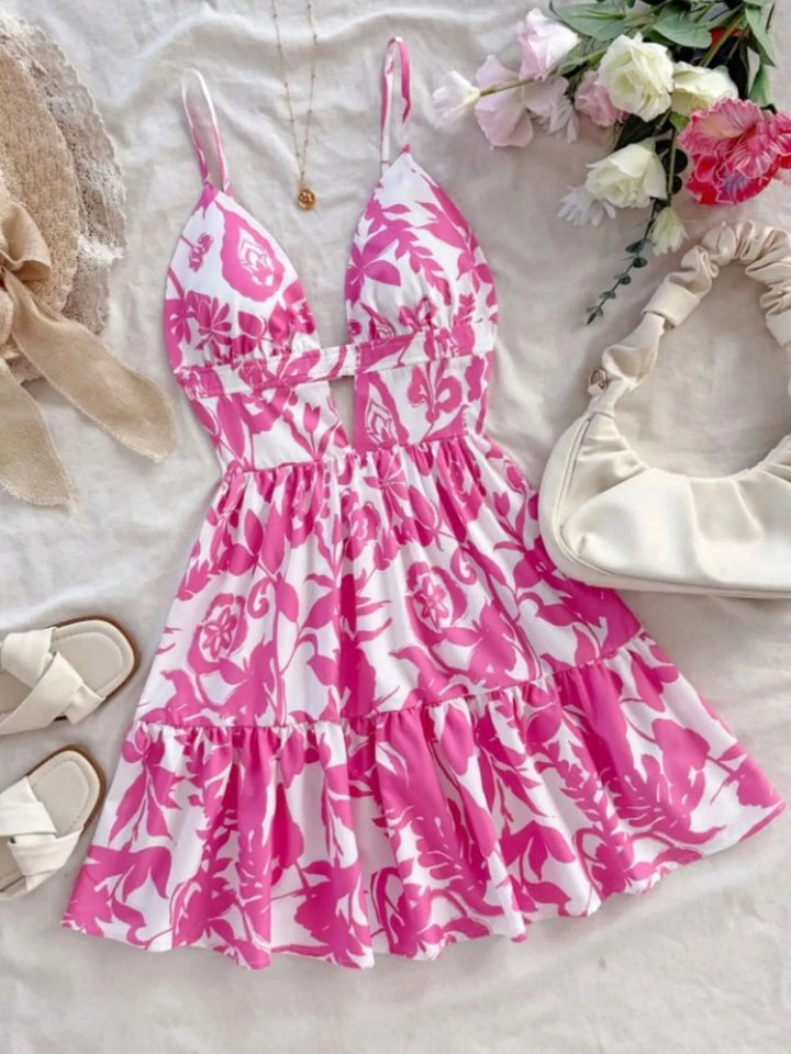 Fuchsia Pink Floral print cutout mini dress with tiered ruffle hem