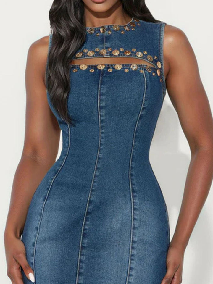 Studded cutout sleeveless denim mini dress