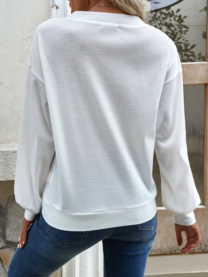 Waffle-knit V-neck button-front top with dropped shoulders