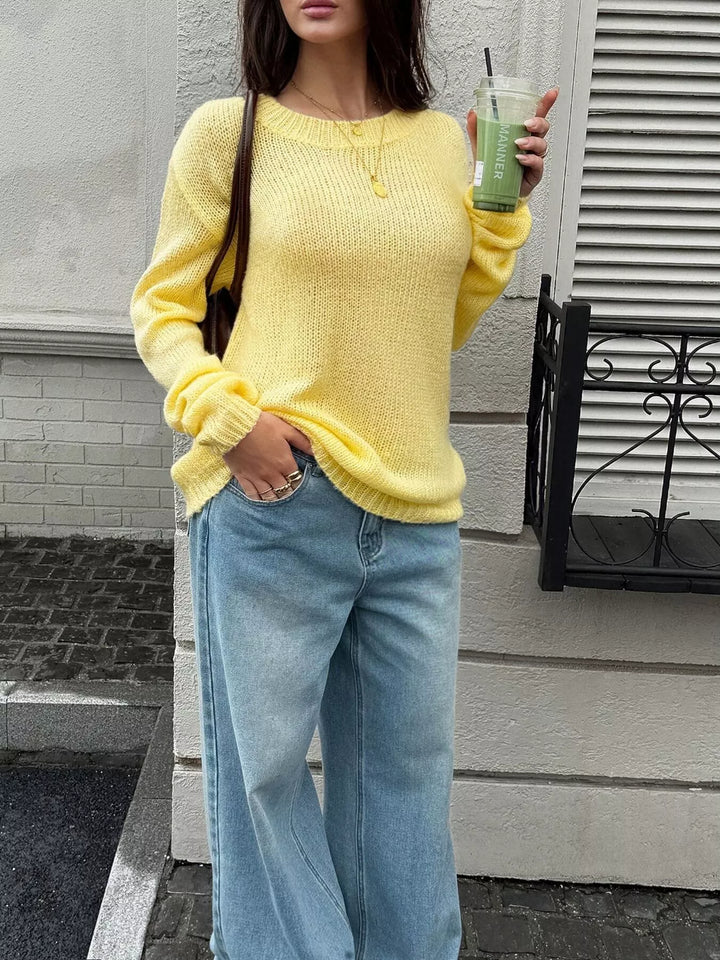 Open knit drop shoulder crew neck pullover sweater