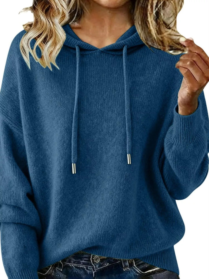 Dark Blue Drawstring hooded knit sweater with ribbed cuffs