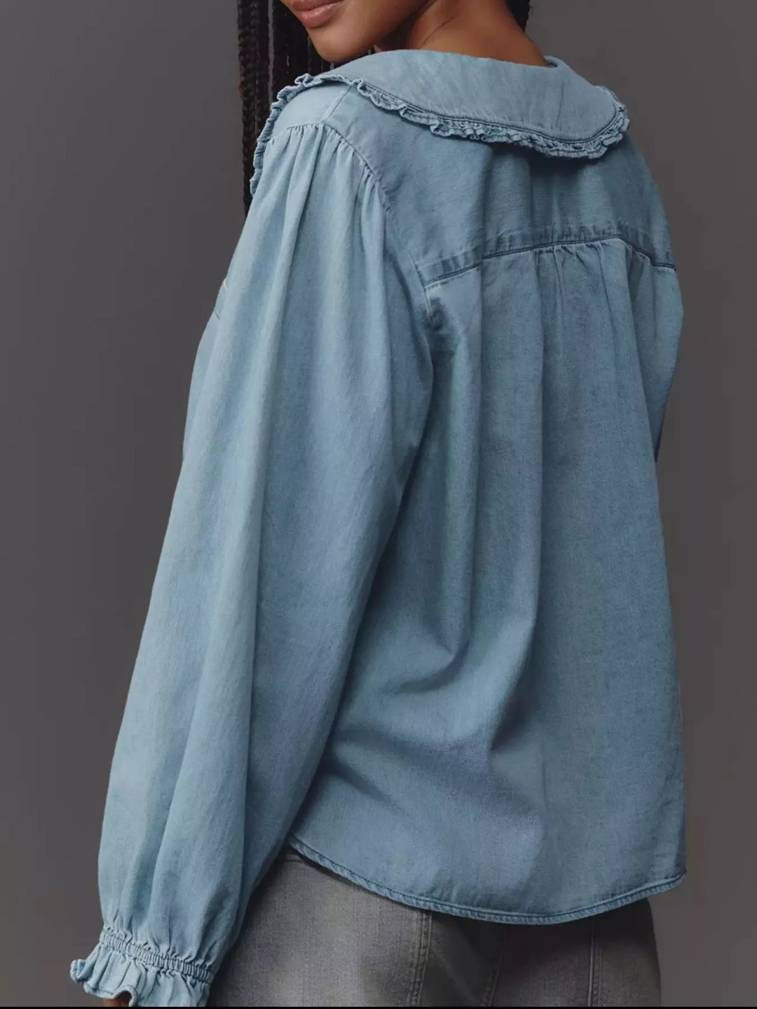 Peter Pan collar ruffled denim shirt with puff sleeves