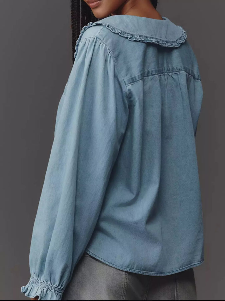 Peter Pan collar ruffled denim shirt with puff sleeves