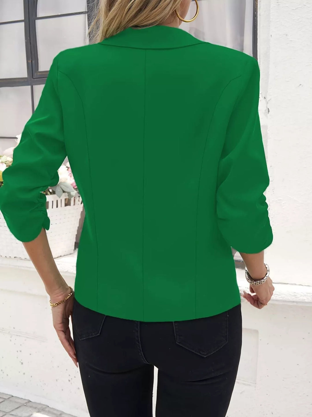 Ruched sleeve notched lapel one-button blazer