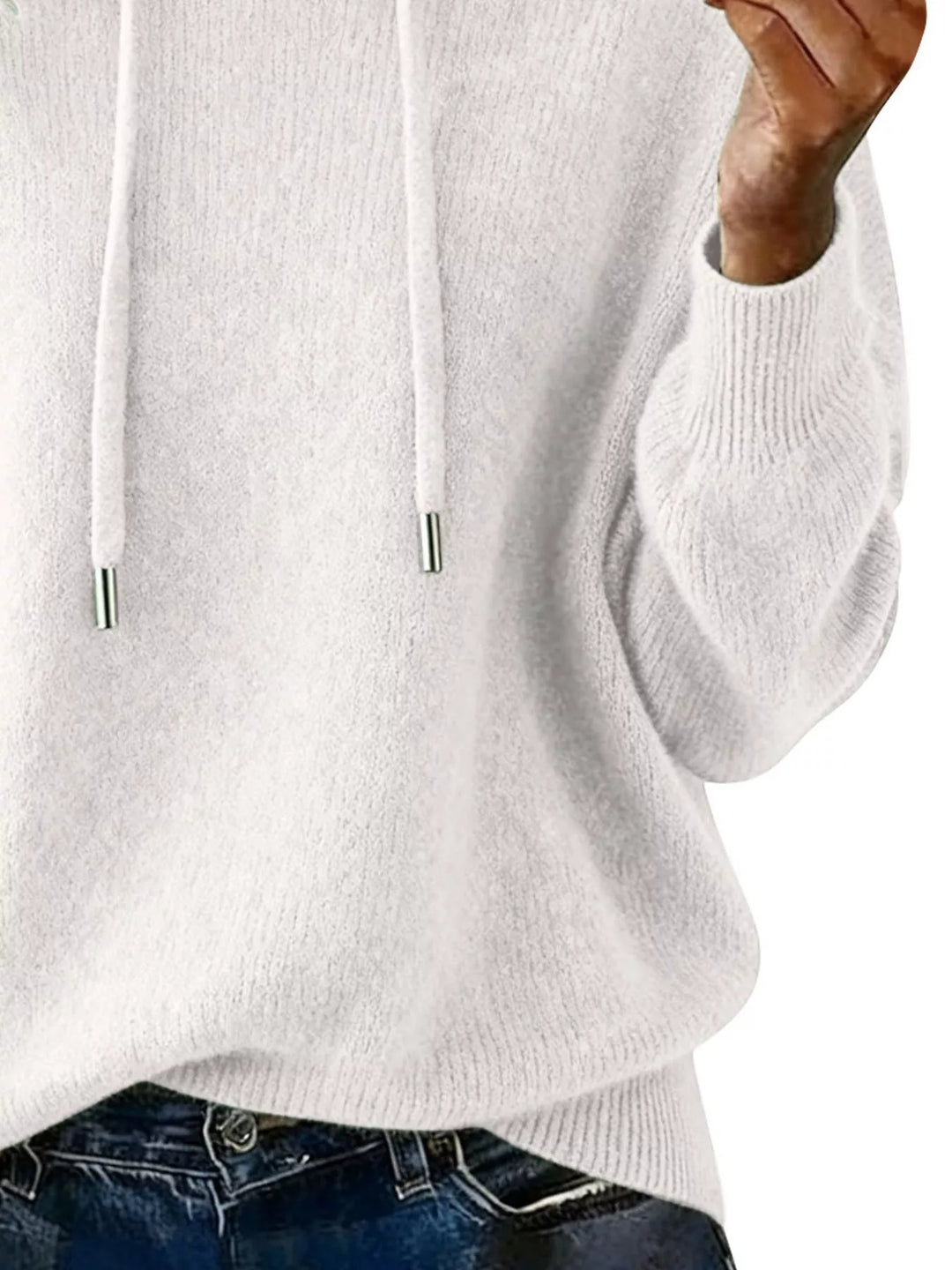 Drawstring hooded knit pullover sweater with ribbed cuffs