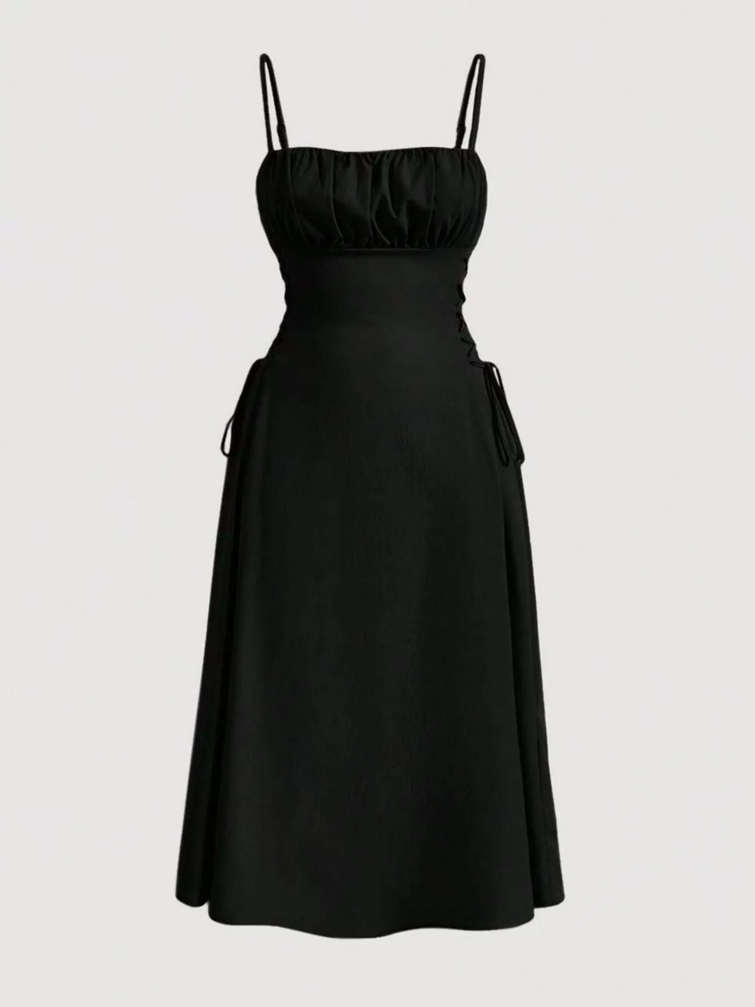 Lace-up side A-line midi dress with ruched bodice