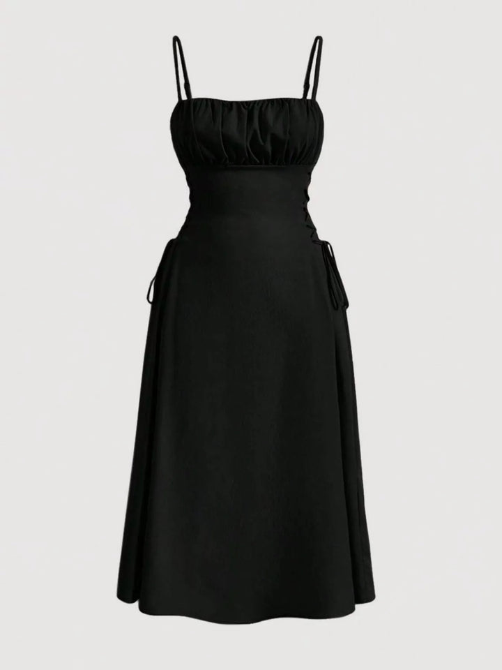Lace-up side A-line midi dress with ruched bodice