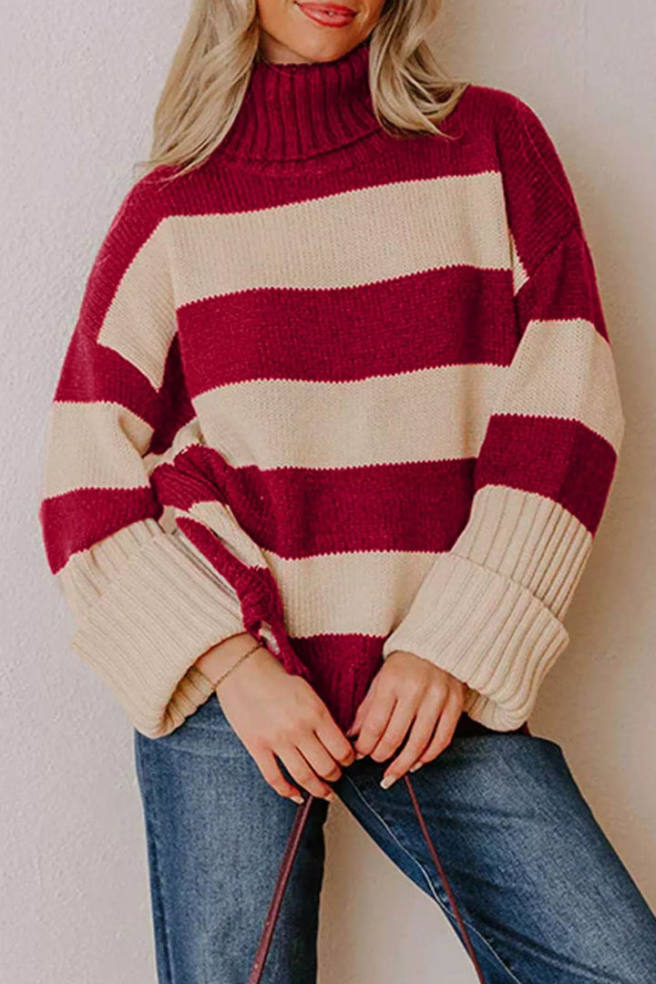Burgundy Striped turtleneck sweater with wide ribbed cuffs