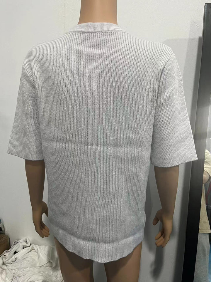 Ribbed knit short-sleeve button-down cardigan