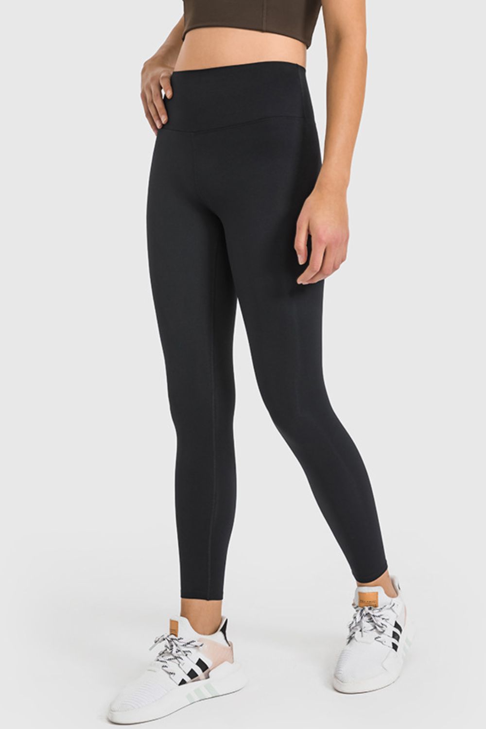 Black High waist ankle-length yoga leggings with wide waistband