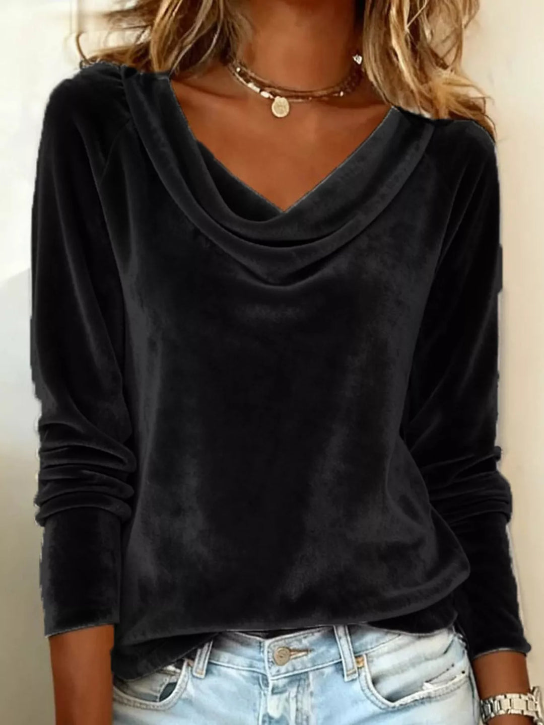 Velvet cowl neck draped long sleeve top