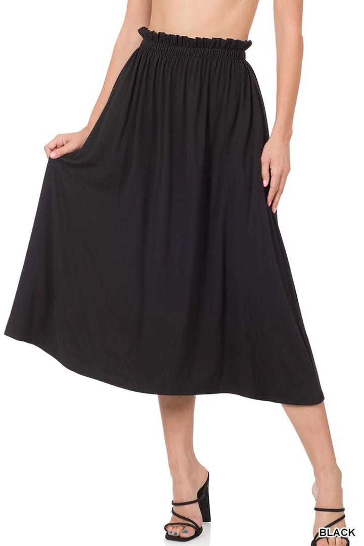 BLACK Paperbag waist midi skirt with side pockets