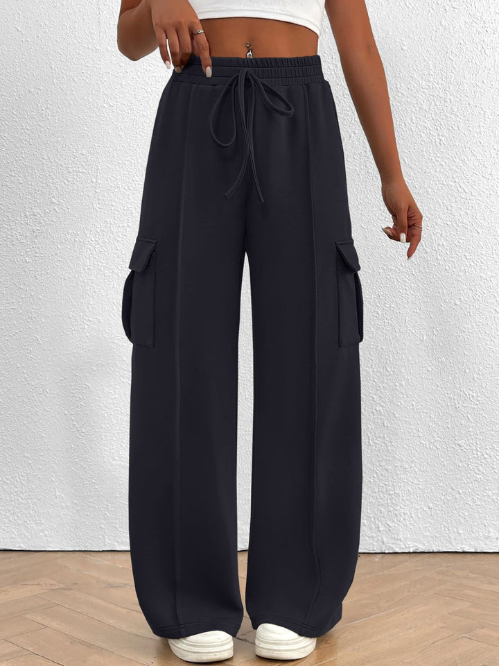 Gray Drawstring high-waist wide-leg cargo pants with flap pockets