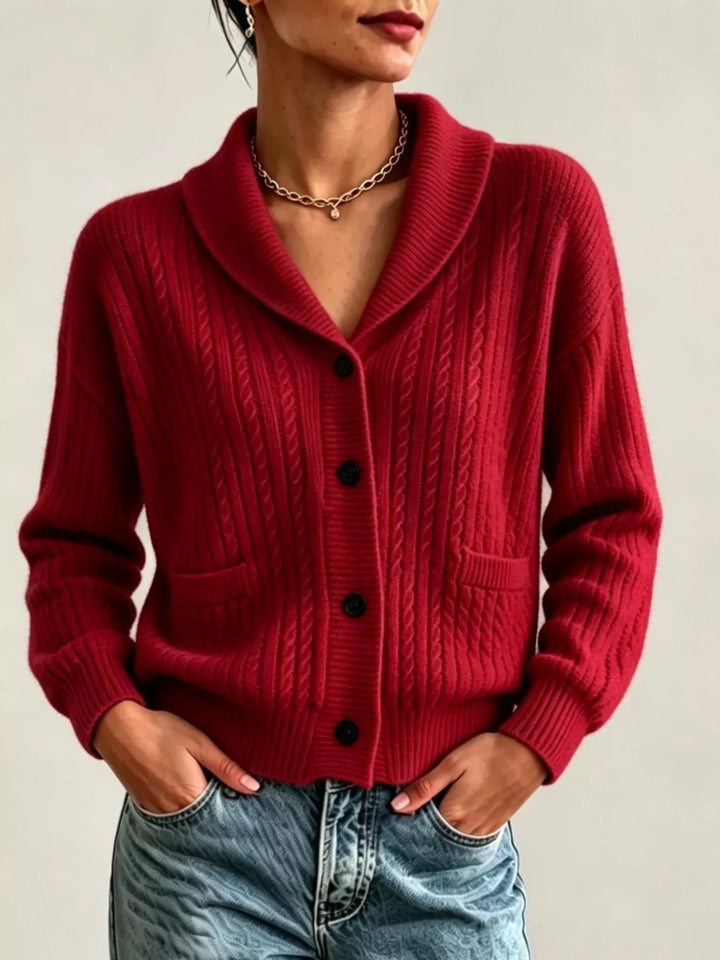 Burgundy Shawl collar cable knit cardigan with patch pockets