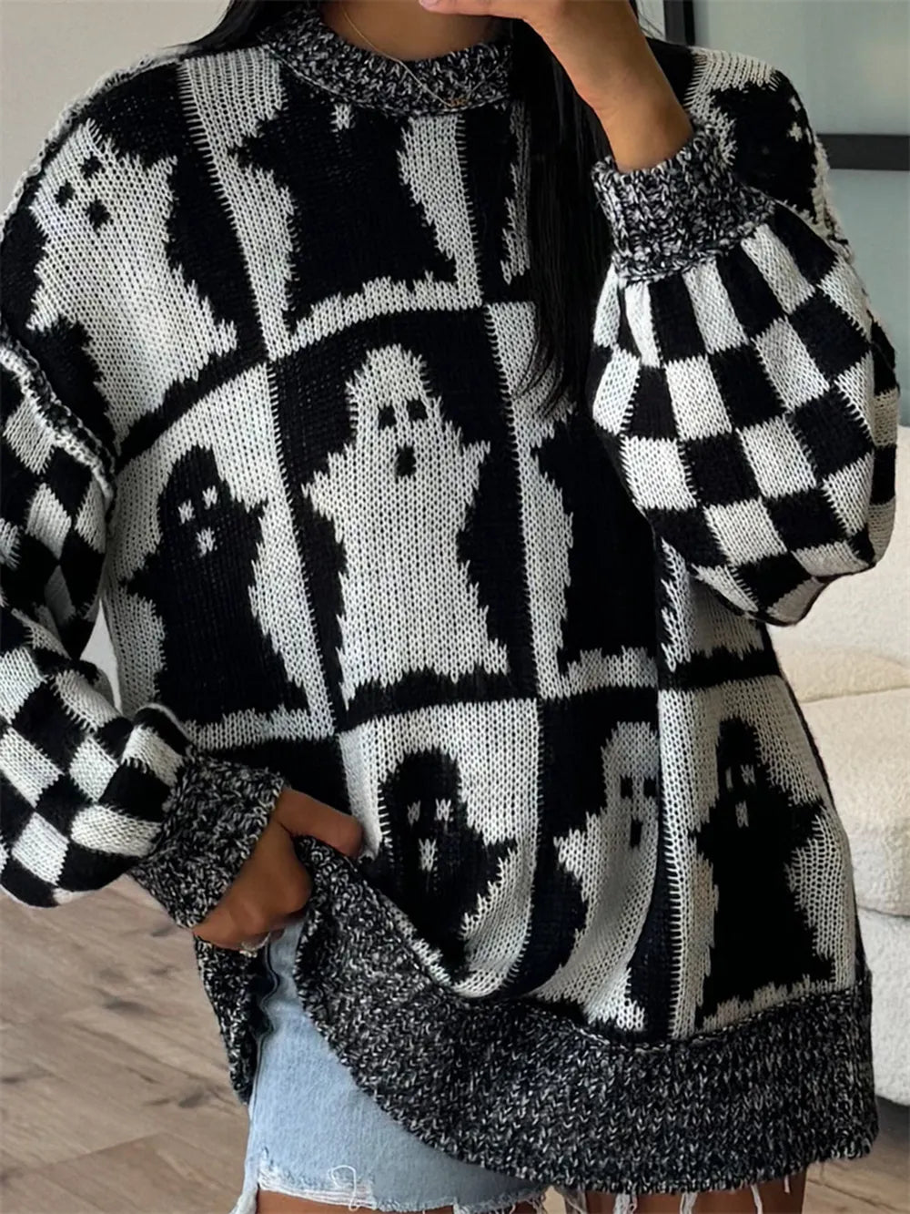 Black Ghost checkerboard oversized drop shoulder knit sweater