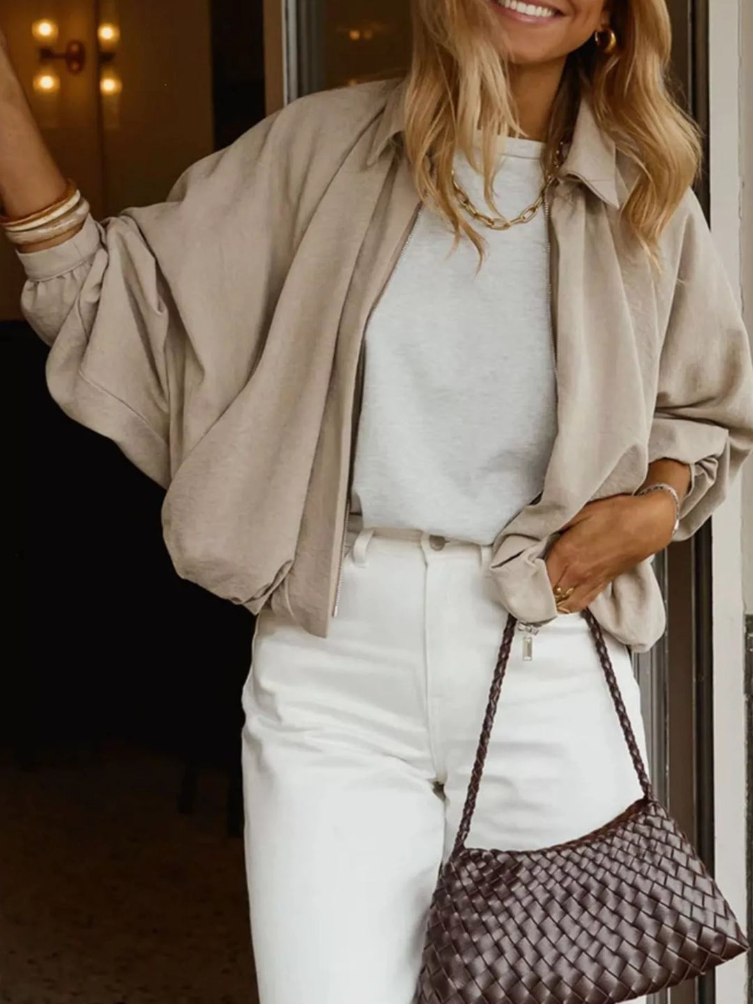 Oversized zip-up bomber jacket with collar and pockets