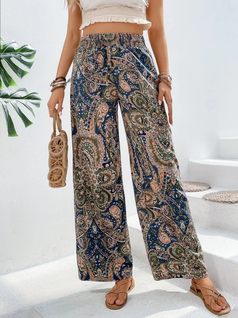 Dark Blue Paisley print wide-leg pants with drawstring waist