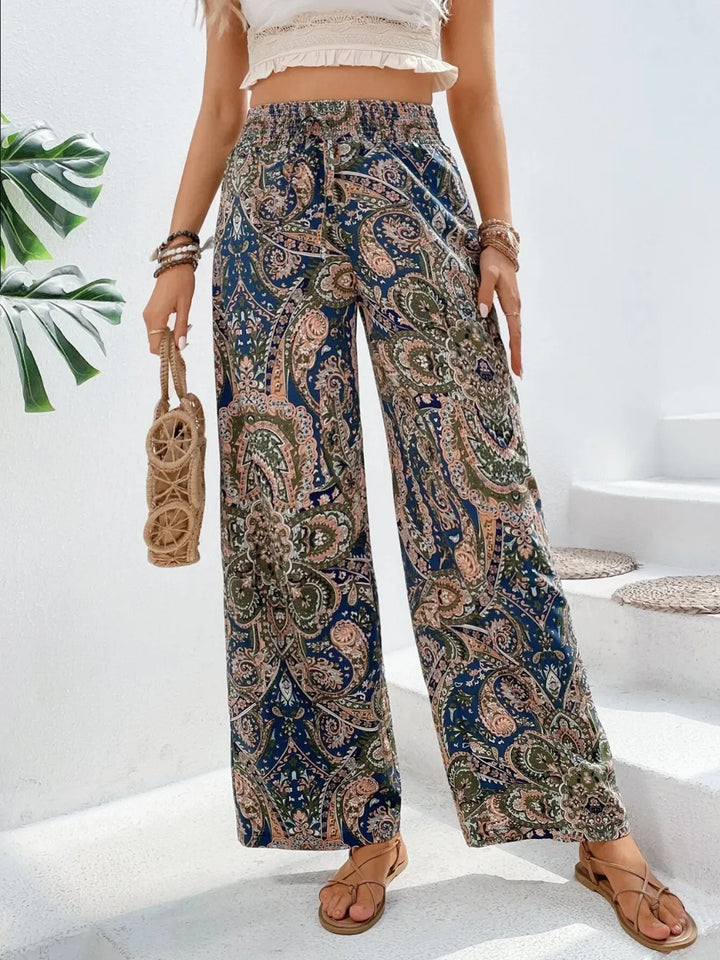 Dark Blue Paisley print wide-leg pants with drawstring waist