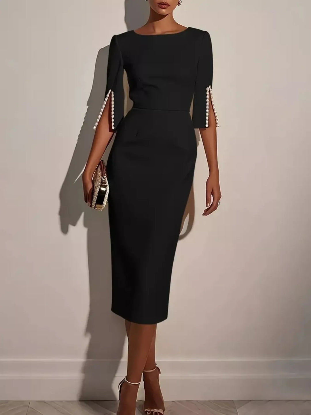 Black Pearl-trim split-sleeve sheath midi dress