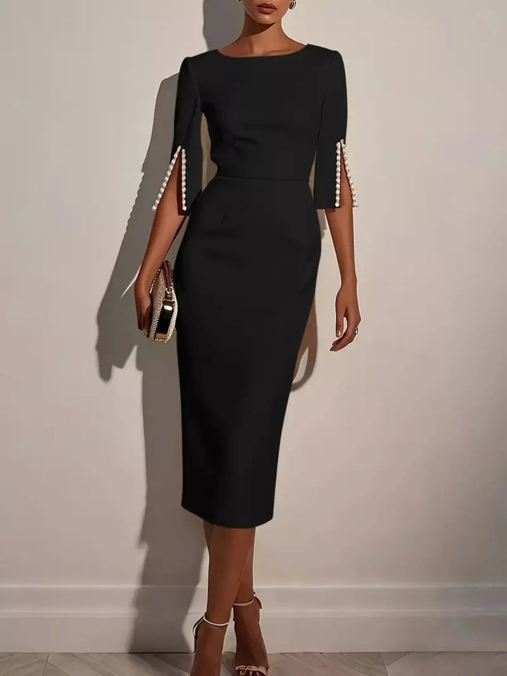 Black Pearl-trim split-sleeve sheath midi dress