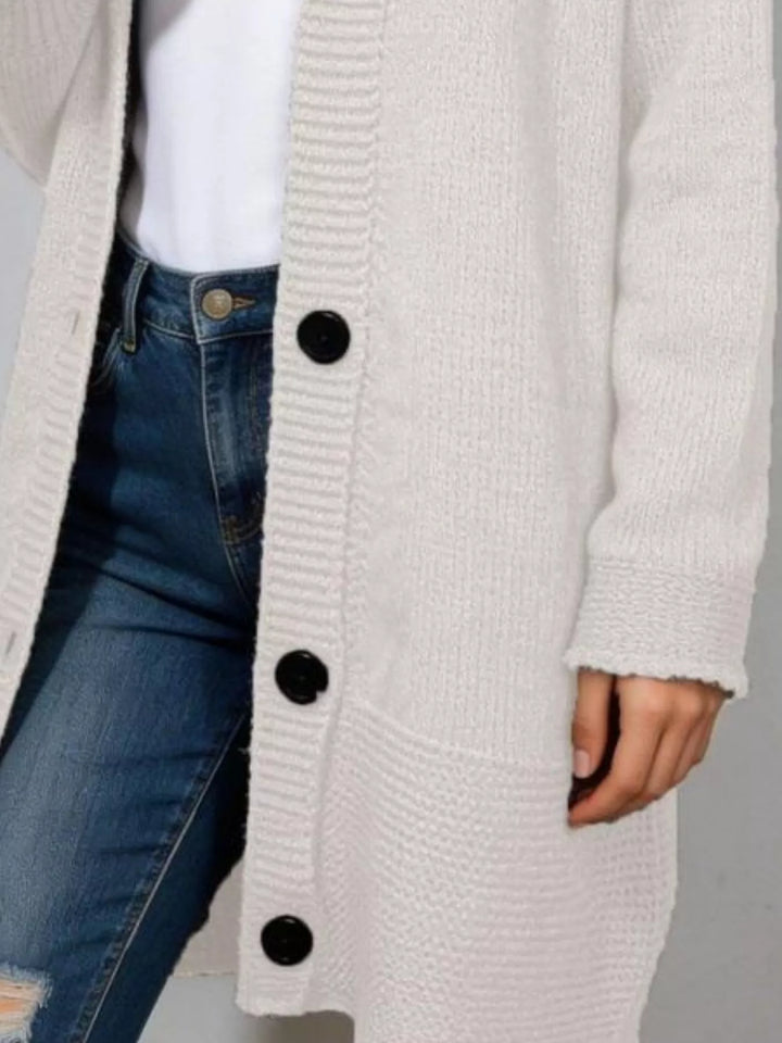 Hooded button-front longline knit cardigan with pockets