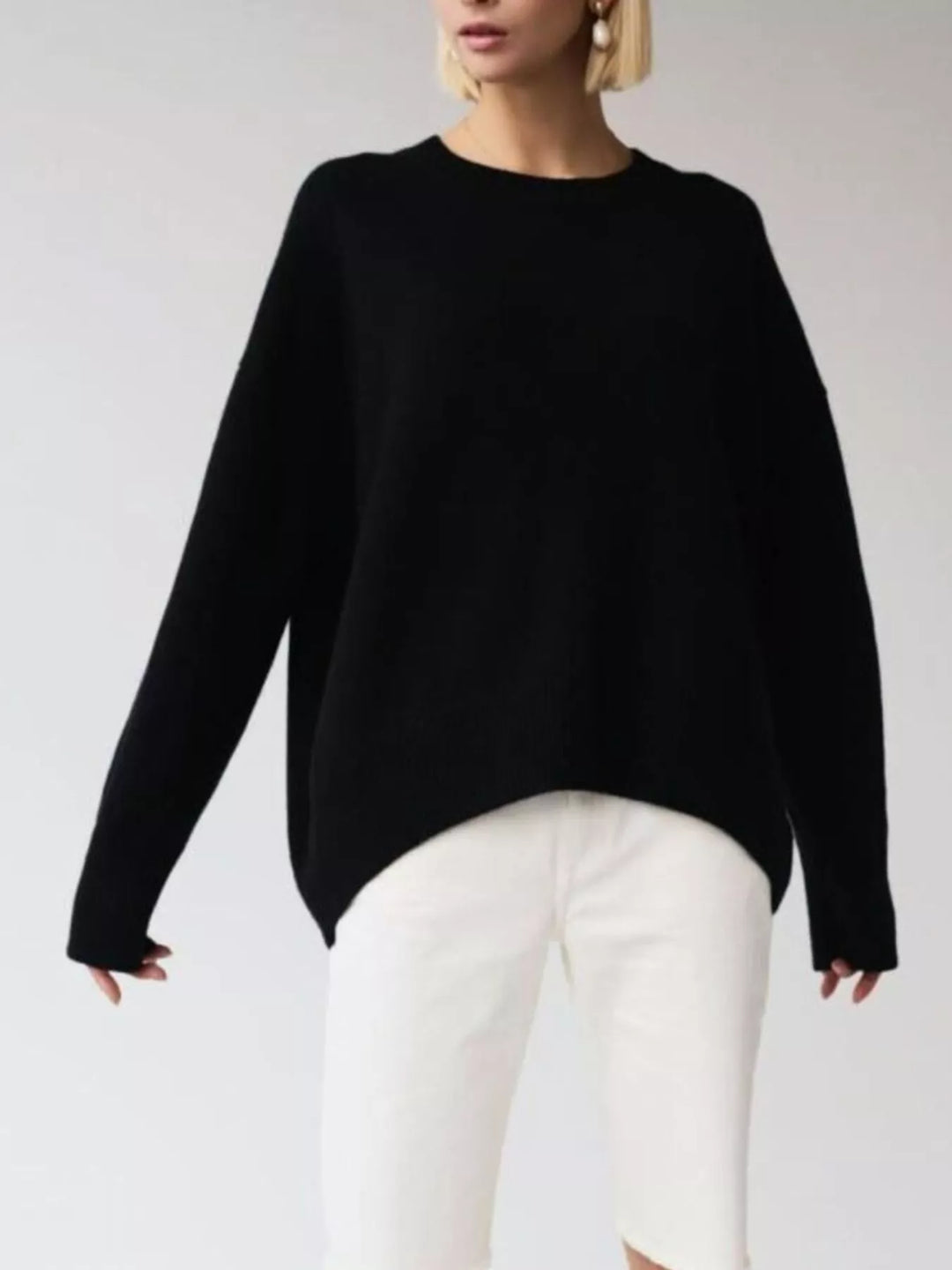 Oversized ribbed-hem drop-shoulder crewneck sweater