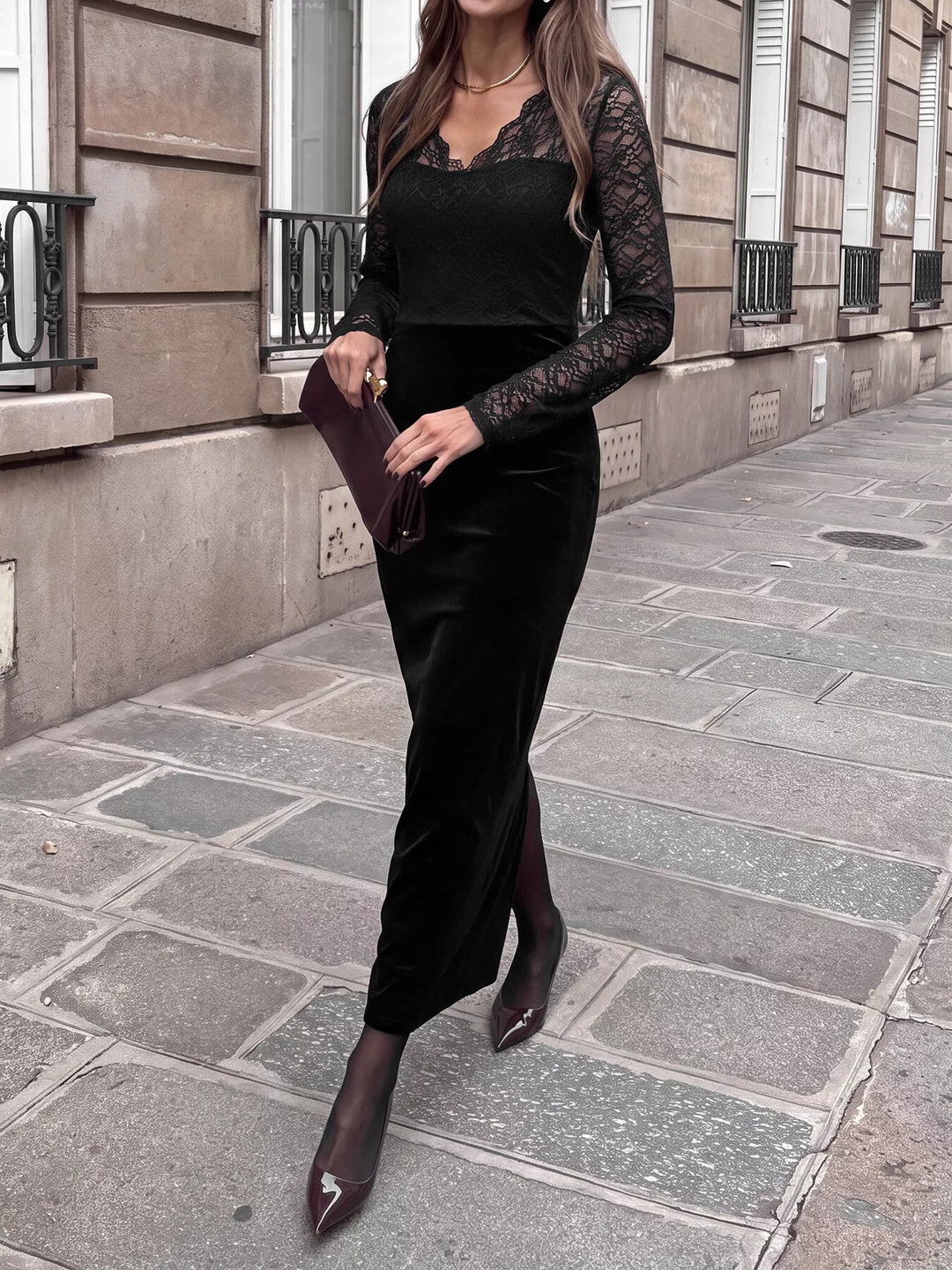 Lace bodice velvet midi dress with long sheer sleeves