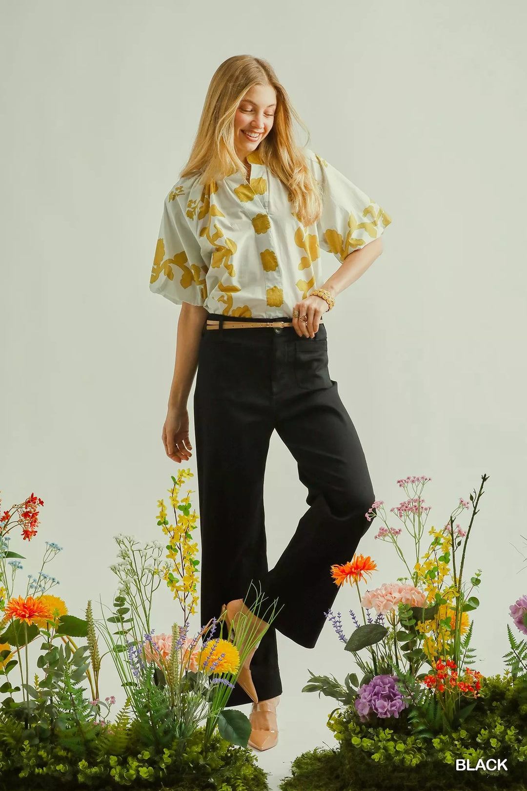Black High-rise stretch straight-leg pants with button front