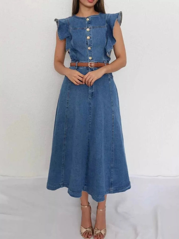 Blue Ruffle sleeve button-front belted denim midi dress