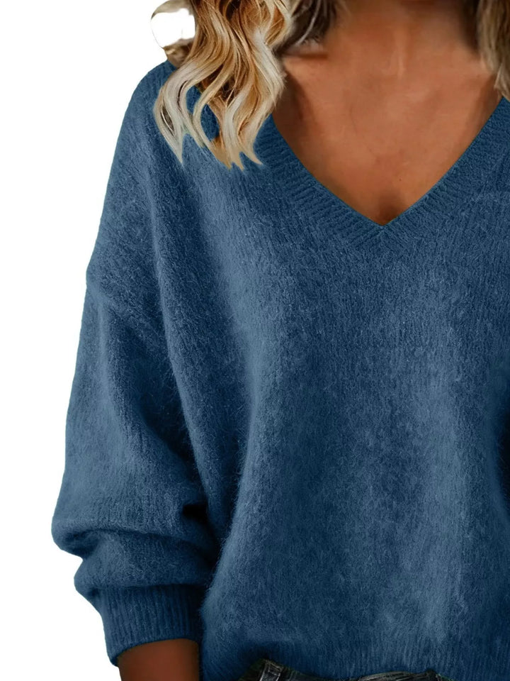 Dropped-shoulder V-neck brushed knit sweater