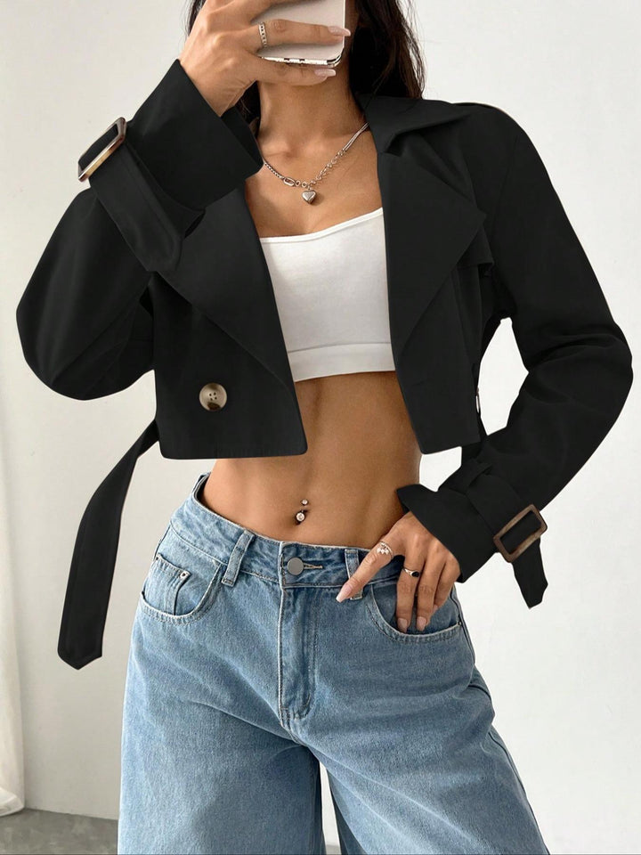 Cropped double-breasted trench jacket with belted cuffs