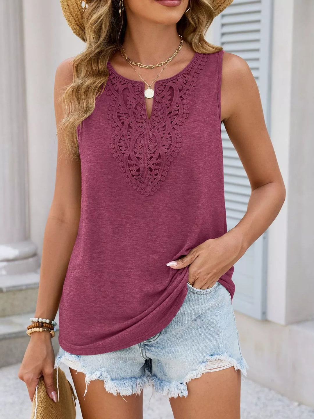 Lace crochet-trim notch-neck sleeveless tank top