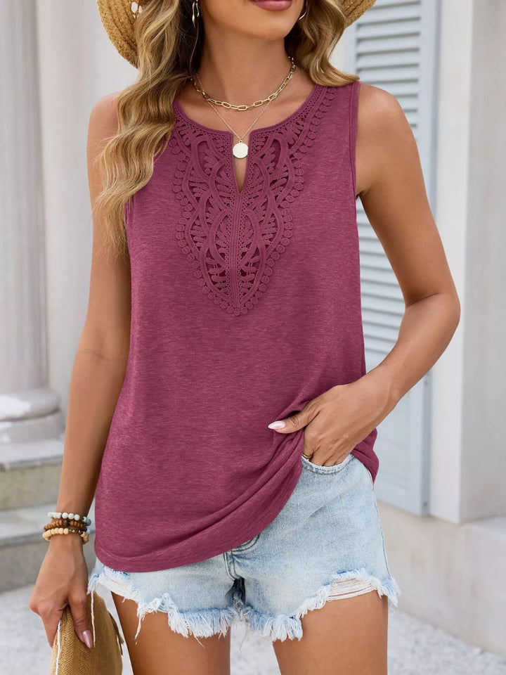 Lace crochet-trim notch-neck sleeveless tank top
