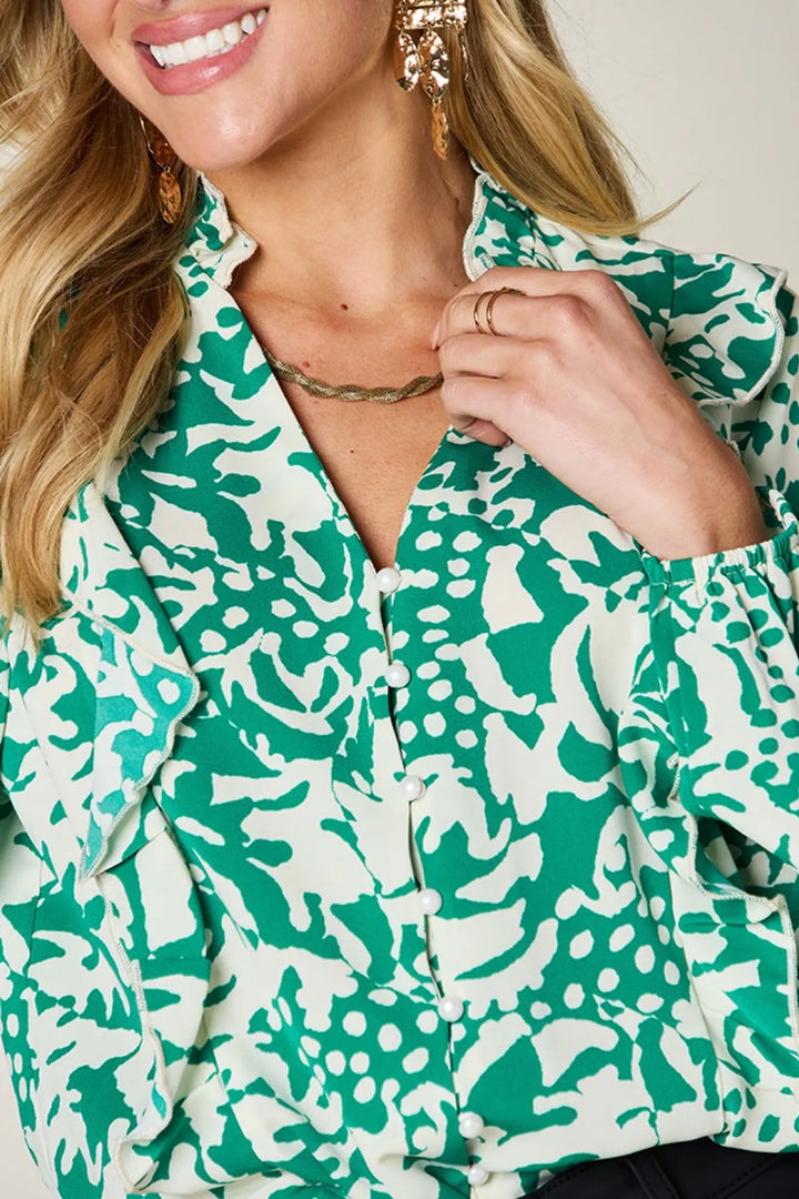 Printed balloon sleeve button-down shirt with ruffle trim