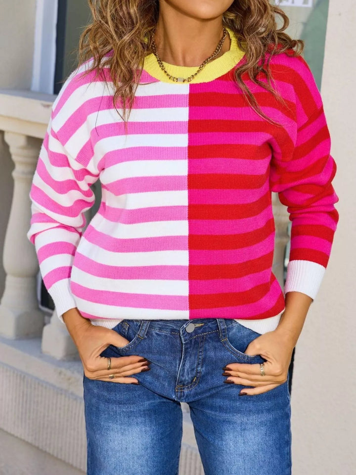 Rose Red Colorblock striped crewneck sweater with contrast collar