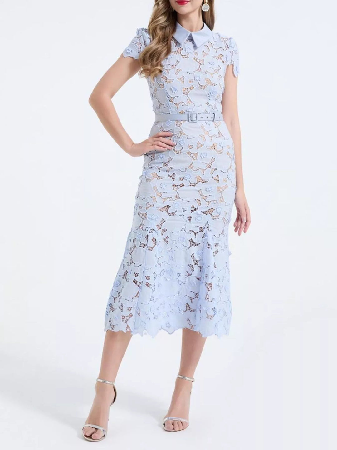 Sky Blue Floral lace midi dress with collar and belted waist