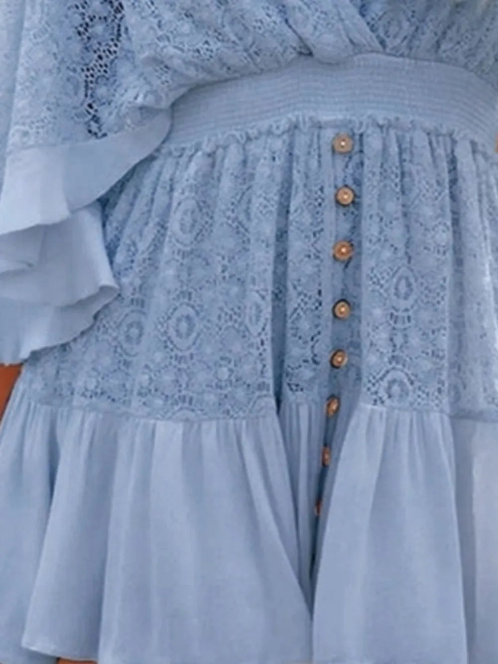 Ruffle-hem tie-back lace mini dress with flutter sleeves