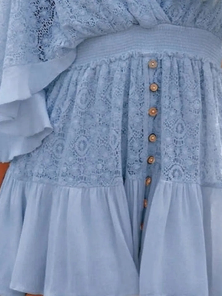Ruffle-hem tie-back lace mini dress with flutter sleeves