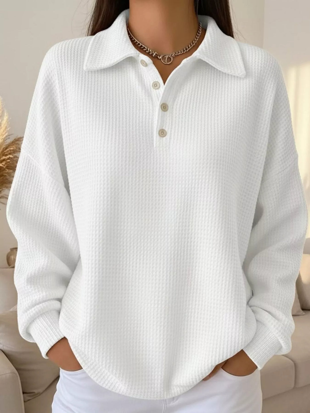 Gray/white Waffle knit collared pullover with button placket