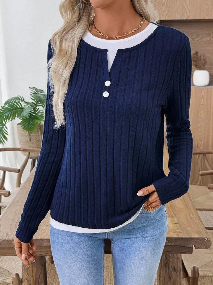 Ribbed knit long sleeve henley with contrast trim