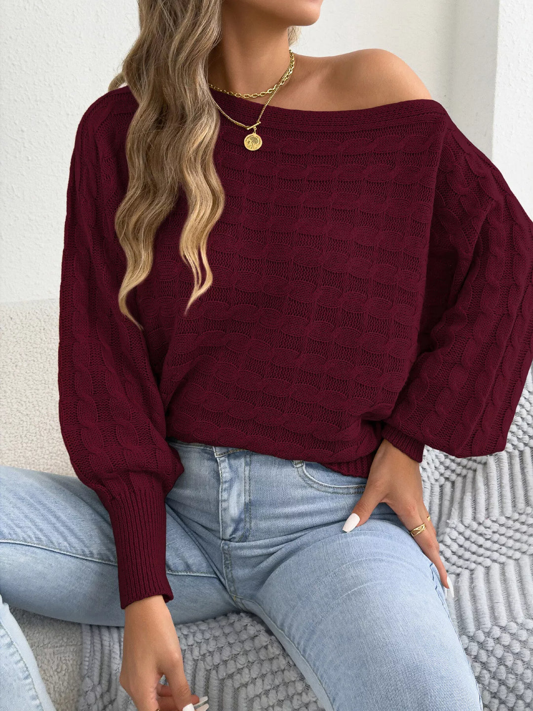 Burgundy Cable knit boat neck sweater with dolman sleeves