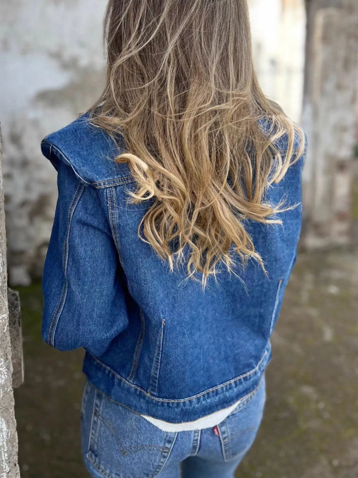 Button-up denim jacket with buttoned chest pockets