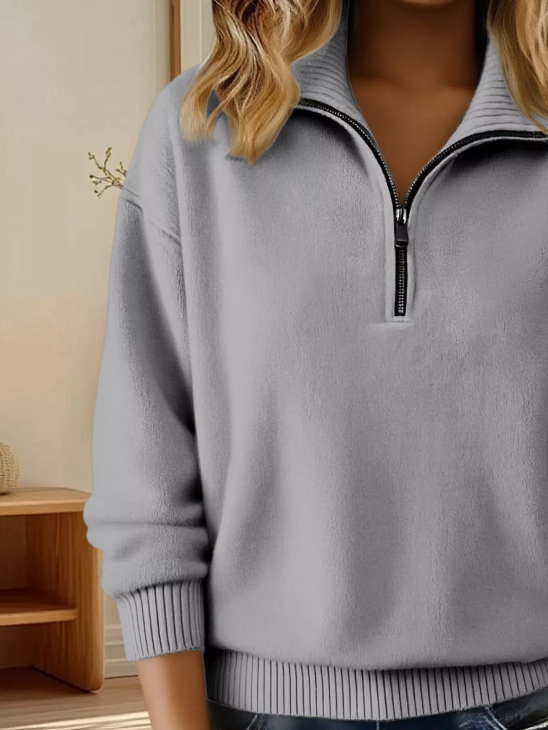 Half-zip dropped-shoulder knit sweater with ribbed collar