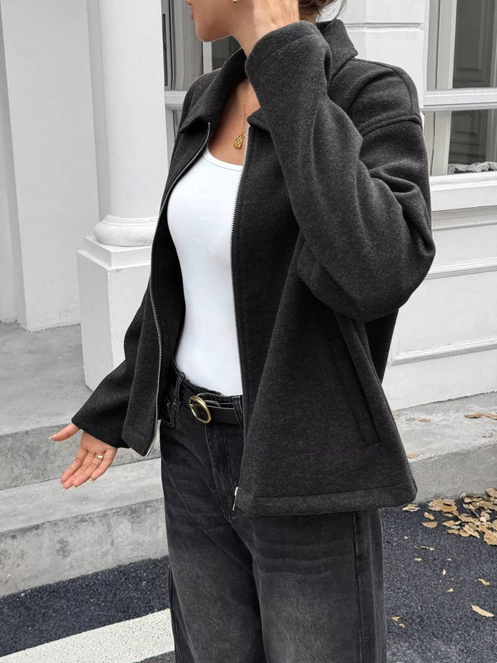 Zip-up dropped shoulder jacket with collar